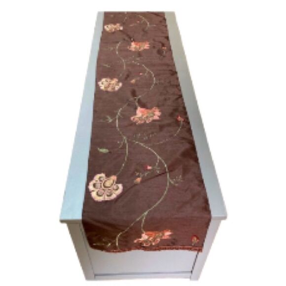 Flower and Leaves Embroidered Table Runner Rich Dark Brown 72 x 14 inch - Picture 1 of 8